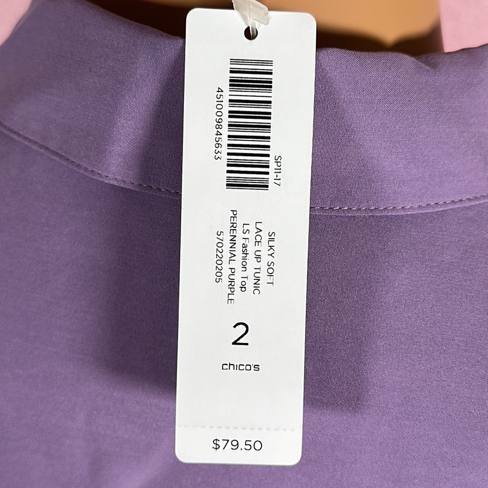CHICO’S BLOUSE PURPLE  long sleeves w/cuffs buttons upper pockets & drawstring - Picture 7 of 11